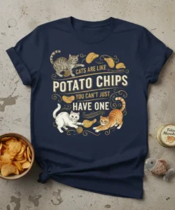 Cats Are Like Potato Chips You Can't Just Have One quote on a navy t-shirt with playful cat illustrations and