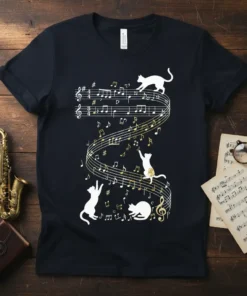White cats dancing among musical notes and staffs, some with gold glitter, representing the Cats Playing Music design