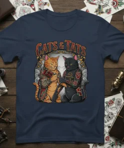 Cats & Tats t-shirt design featuring two tattooed cats, one orange tabby and one black cat, in a traditional tattoo
