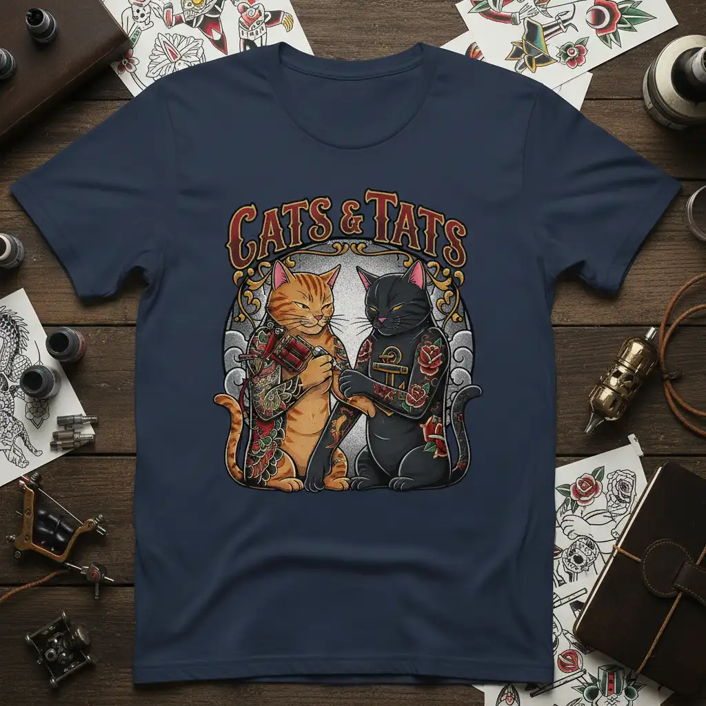 Cats & Tats t-shirt design with two cool cats showing off their traditional tattoo art, perfect for cat and tattoo lovers