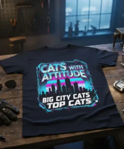 Cats With Attitude Big City Top Cats text design with a city skyline and retro sunset graphic on a black