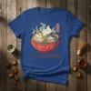 Three cute cats relaxing in a steaming bowl of ramen noodles, with Japanese text. Cats in ramen bowl design