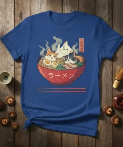 Three cute cats relaxing in a steaming bowl of ramen noodles, with Japanese text. Cats in ramen bowl design
