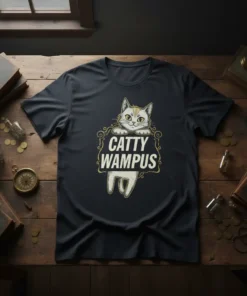 Catty Wampus humorous cat design with playful typography and a cute illustrated cat peeking over a frame