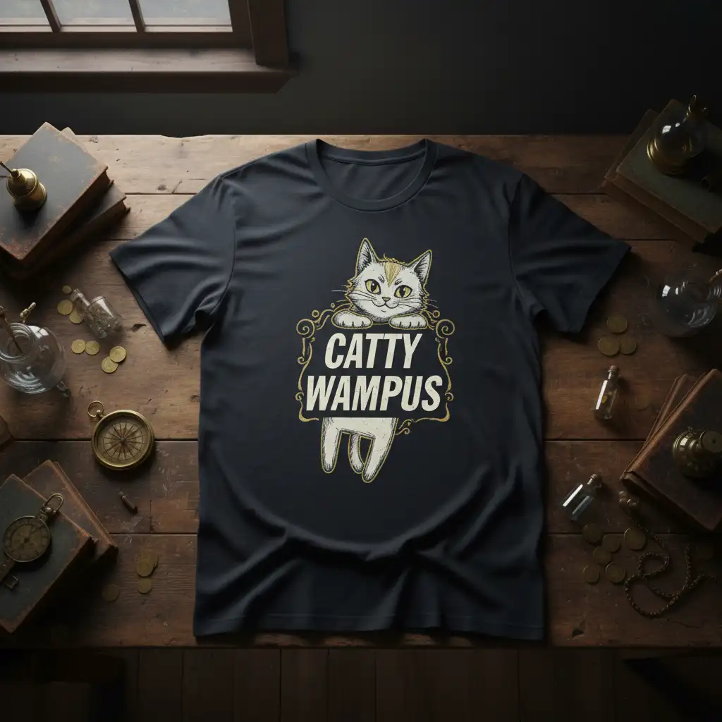 Catty Wampus humorous cat graphic with playful text and a peeking feline illustration on a dark t-shirt