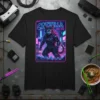 CATZILLA cyberpunk cat t-shirt with neon Japanese text and futuristic armor design