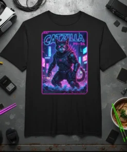 CATZILLA cyberpunk cat t-shirt with neon Japanese text and futuristic armor design