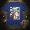 CatZilla Japanese Cat Monster T-Shirt with a kawaii cat kaiju in a Tokyo cityscape, featuring Japanese text