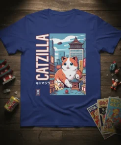 CatZilla Japanese Cat Monster T-Shirt with a kawaii cat kaiju in a Tokyo cityscape, featuring Japanese text