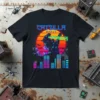 CatZilla Japanese Cat T-Shirt with retro vaporwave art, featuring a black cat monster breathing green energy over a neon cityscape