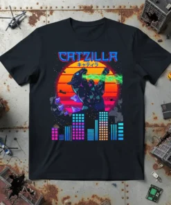 CatZilla Japanese Cat T-Shirt with retro vaporwave art, featuring a black cat monster breathing green energy over a neon cityscape