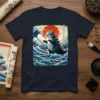Catzilla Japanese Wave Art T-Shirt design with a cat in a Godzilla pose amidst crashing waves and a red sun
