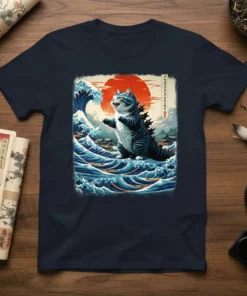 Catzilla Japanese Wave Art T-Shirt design with a cat in a Godzilla pose amidst crashing waves and a red sun