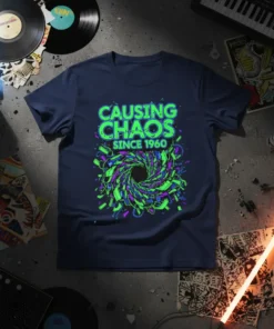 Navy t-shirt with "CAUSING CHAOS SINCE 1960" in neon green and purple graphic design
