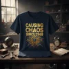 Gold distressed text "CAUSING CHAOS SINCE 1968" with a vibrant mechanical explosion graphic on a navy t-shirt