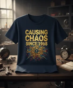 Gold distressed text "CAUSING CHAOS SINCE 1968" with a vibrant mechanical explosion graphic on a navy t-shirt