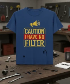 Blue t-shirt with yellow and red text that reads "CAUTION I HAVE NO FILTER" and a megaphone graphic