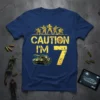 Caution I'm 7 T-Shirt design with a tank graphic and pixelated soldiers, celebrating a 7th birthday