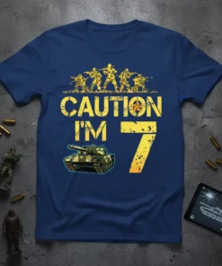 Caution I'm 7 T-Shirt design with a tank graphic and pixelated soldiers, celebrating a 7th birthday
