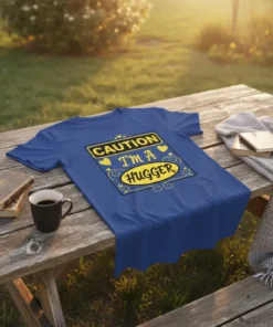 Blue t-shirt with yellow "Caution I'm A Hugger" text and decorative hearts and swirls design