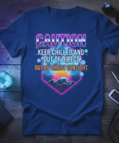 Caution Keep Chilled And Out Of Direct Sunlight retro 80s graphic t-shirt design