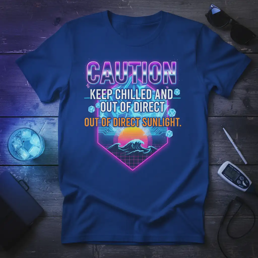Caution Keep Chilled And Out Of Direct Sunlight quote on retro neon synthwave t-shirt