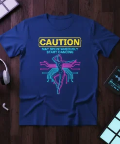 CAUTION MAY SPONTANEOUSLY START DANCING text with a neon dancer graphic on a blue t-shirt