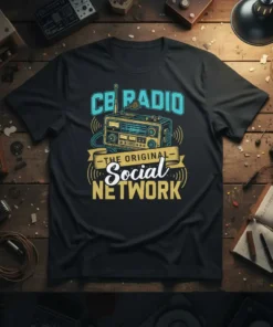 CB Radio The Original Social Network t-shirt featuring a vintage CB radio graphic and retro text in teal and yellow