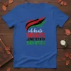 Juneteenth t-shirt with "Celebrate 1865 Juneteenth 1865" text and Pan-African flag inspired graphic