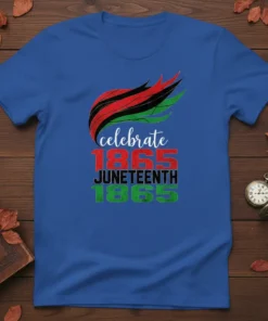 Juneteenth t-shirt with "Celebrate 1865 Juneteenth 1865" text and Pan-African flag inspired graphic