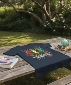 T-shirt featuring the text "Celebrate Freedom Celebrate Love" with graphic of three dancing figures in red, yellow, and green