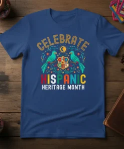 Hispanic Heritage Month t-shirt design with colorful text "Celebrate Hispanic Heritage Month" and graphic of two birds