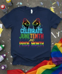 Celebrate Juneteenth and Pride Month graphic tee with fists breaking chains and rainbow colors