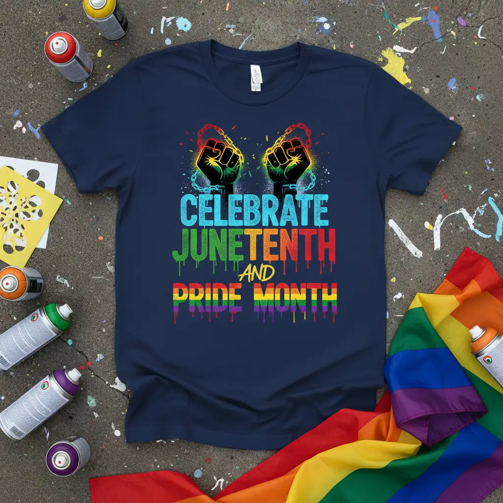 Celebrate Juneteenth and Pride Month design with fists breaking chains and rainbow typography