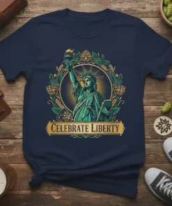 Celebrate Liberty T-Shirt with Statue of Liberty graphic and patriotic wreath design