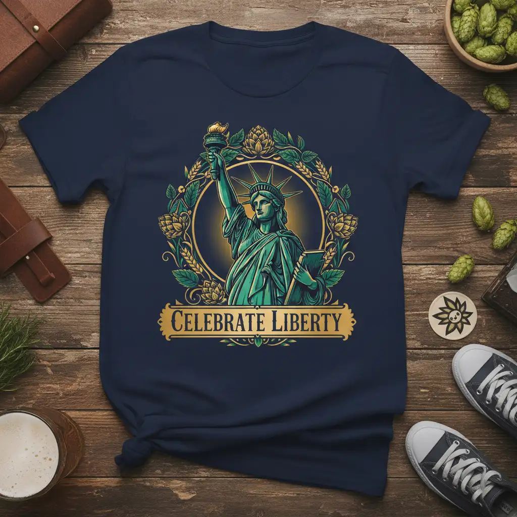 Celebrate Liberty text with Statue of Liberty illustration and patriotic wreath design on a t-shirt