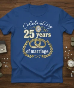 Blue t-shirt with white and gold text reading "Celebrating 25 years of marriage" and two interlocking rings graphic