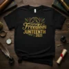 Black t-shirt with gold glitter text "Celebration of Freedom JUNTEENTH 2021" and red, green, gold fireworks graphic