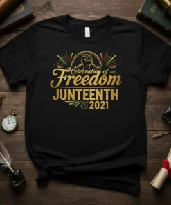 Black t-shirt with gold glitter text "Celebration of Freedom JUNTEENTH 2021" and red, green, gold fireworks graphic