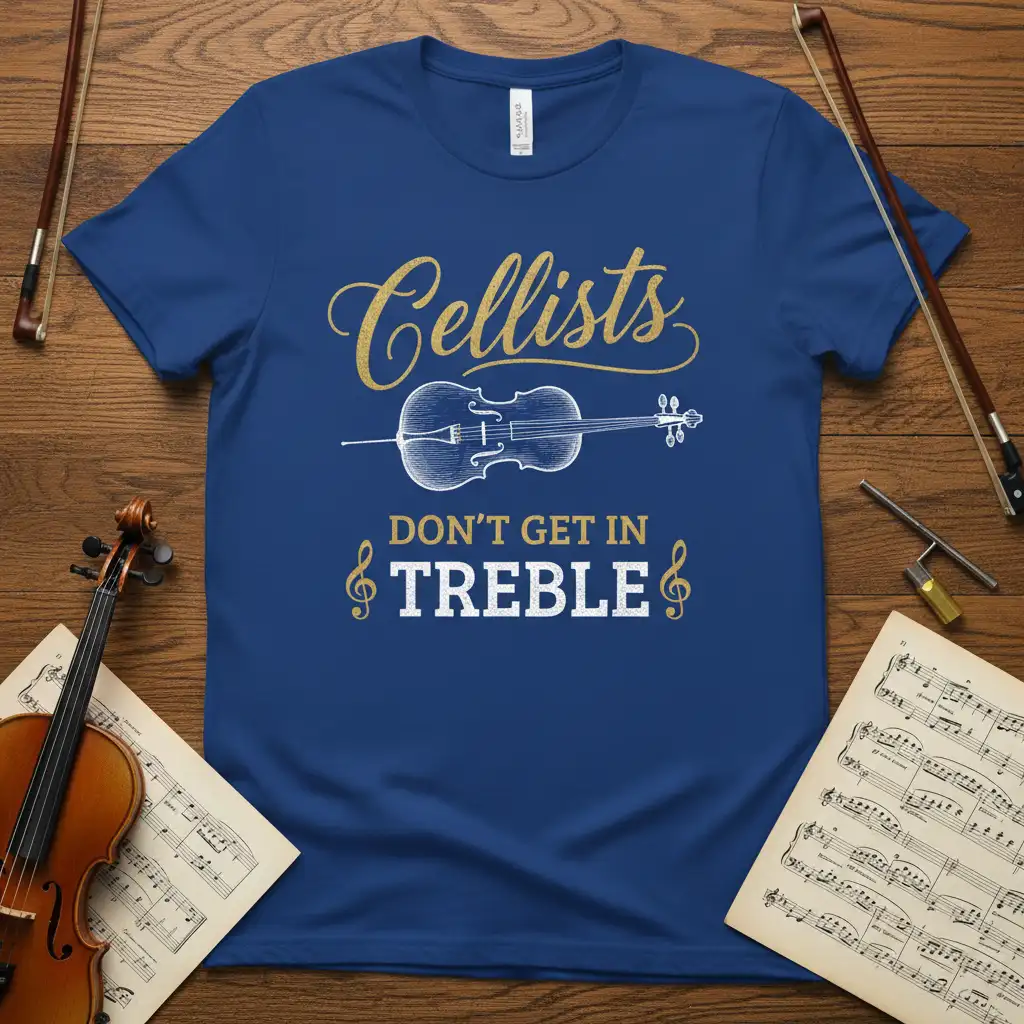 Cellists DON'T GET IN TREBLE quote featuring a cello illustration and musical notes, perfect for orchestra players