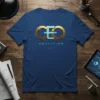 CEO COALITION HUQUEST text design on a blue t-shirt, featuring gold 3D lettering for CEO and neon blue accents