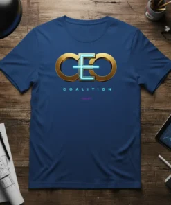 CEO COALITION HUQUEST text design on a blue t-shirt, featuring gold 3D lettering for CEO and neon blue accents