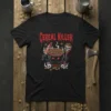 Black t-shirt with "CEREAL KILLER" text and cartoon bowl of cereal with knife and spoon, skulls, and red accents