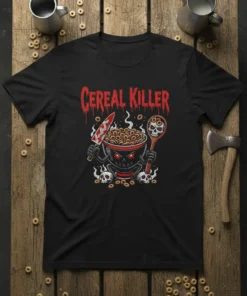 Black t-shirt with "CEREAL KILLER" text and cartoon bowl of cereal with knife and spoon, skulls, and red accents