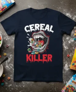 Cereal Killer T-Shirt featuring a graphic of a mouth devouring colorful cereal rings with dripping text