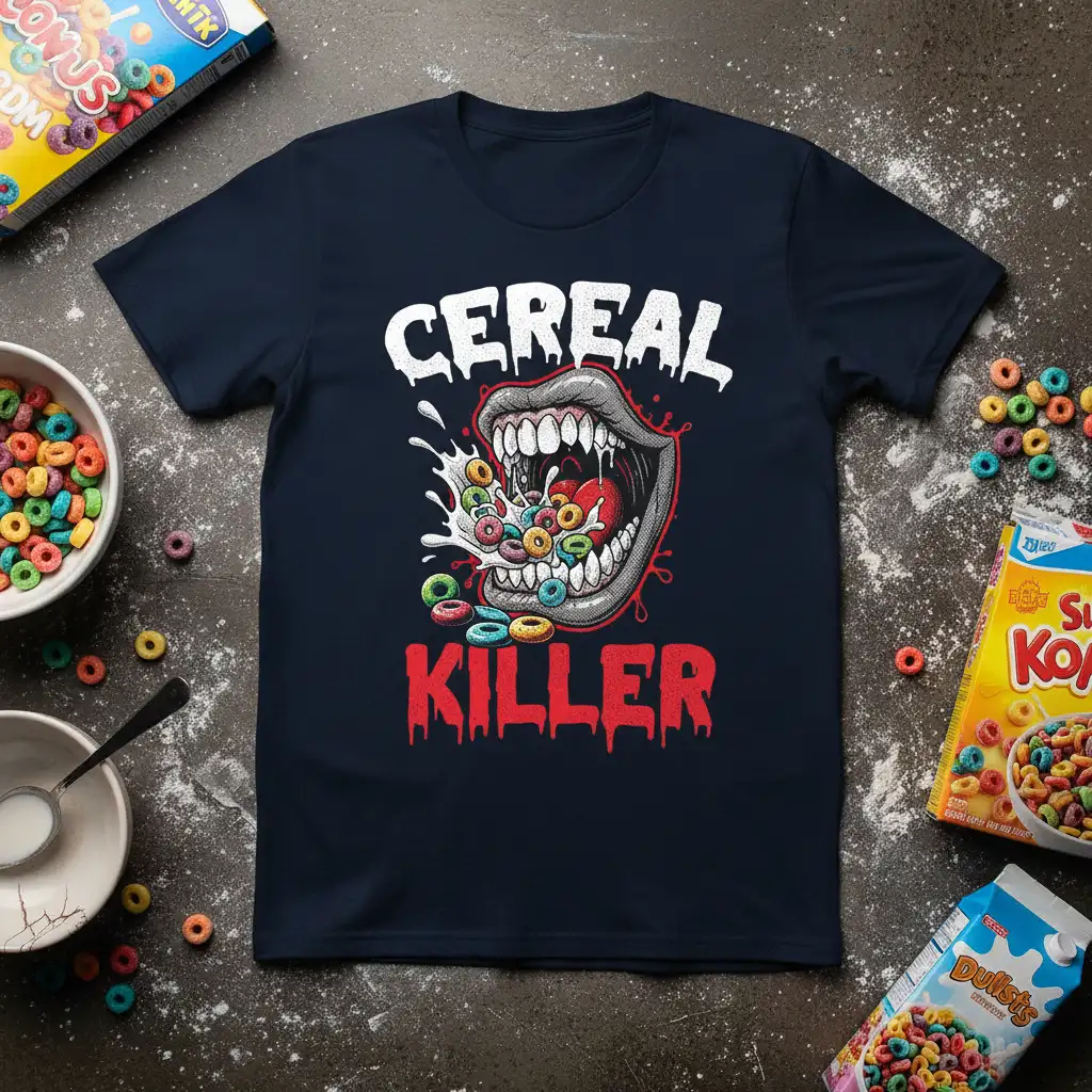 Cereal Killer bold typography and graphic of a mouth eating cereal on a t-shirt design