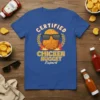 Certified Chicken Nugget Expert t-shirt design featuring a cool chicken nugget wearing sunglasses with flames and laurel wreath
