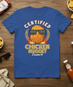 Certified Chicken Nugget Expert t-shirt design featuring a cool chicken nugget wearing sunglasses with flames and laurel wreath