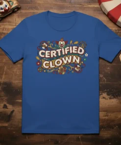 Certified Clown text with vintage circus graphics on a blue t-shirt. Features a clown face and floral elements