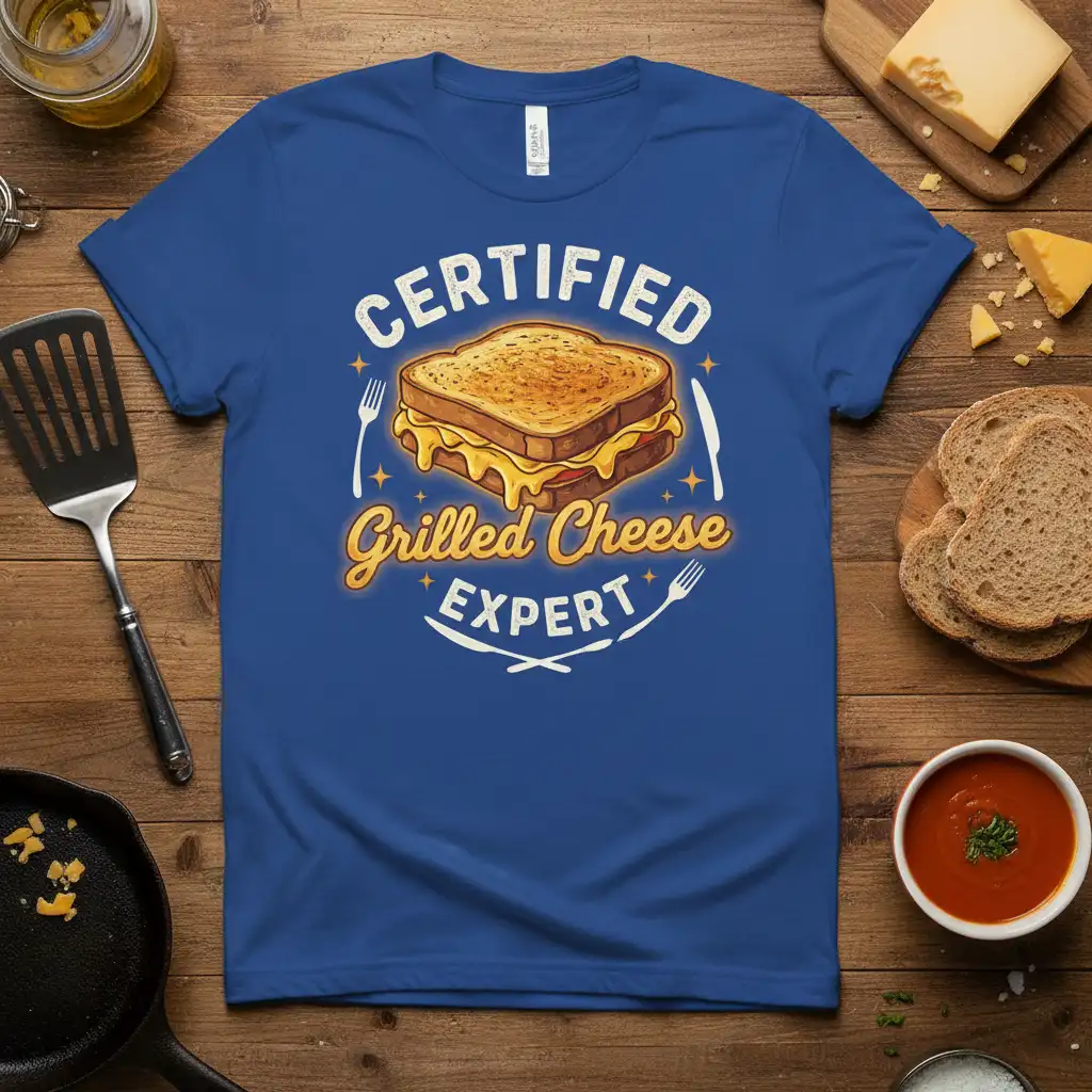 Certified Grilled Cheese Expert text with gooey sandwich graphic and cutlery on blue t-shirt